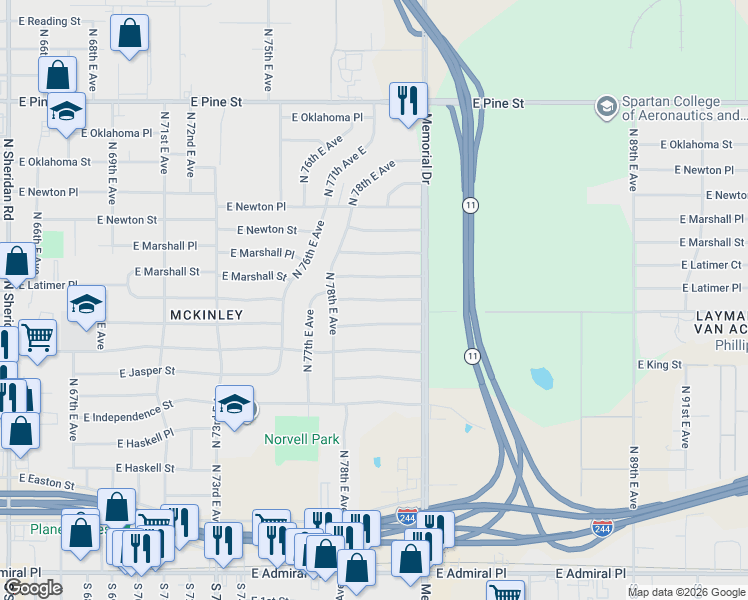 map of restaurants, bars, coffee shops, grocery stores, and more near 7839 East King Place in Tulsa