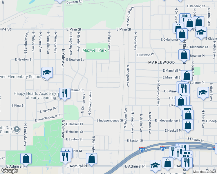 map of restaurants, bars, coffee shops, grocery stores, and more near 1001 North Fulton Avenue in Tulsa