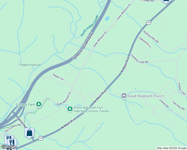 map of restaurants, bars, coffee shops, grocery stores, and more near 1019 Quail Run in Erwin