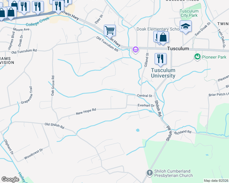map of restaurants, bars, coffee shops, grocery stores, and more near 553 New Hope Road in Greeneville