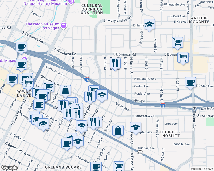 map of restaurants, bars, coffee shops, grocery stores, and more near 362 North 13th Street in Las Vegas