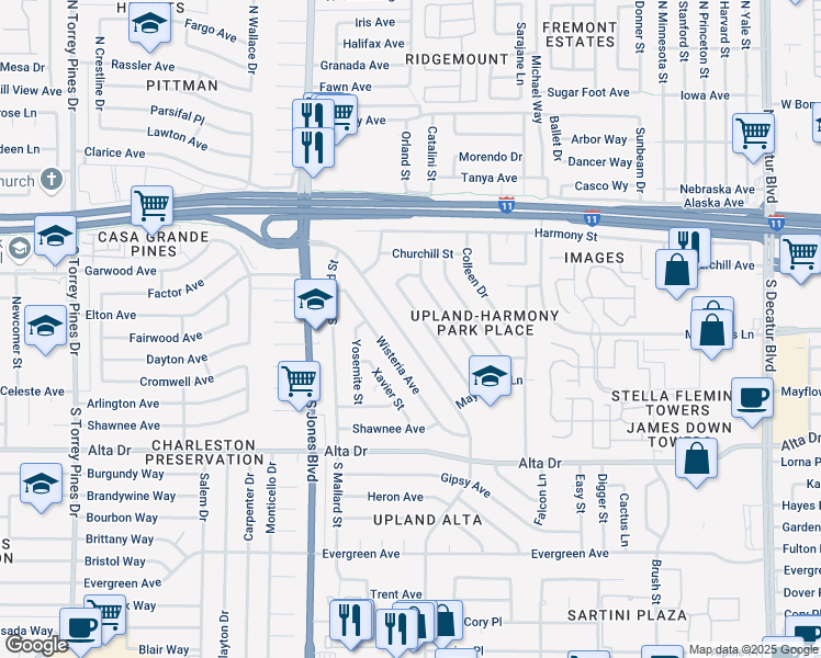 map of restaurants, bars, coffee shops, grocery stores, and more near 344 Upland Boulevard in Las Vegas