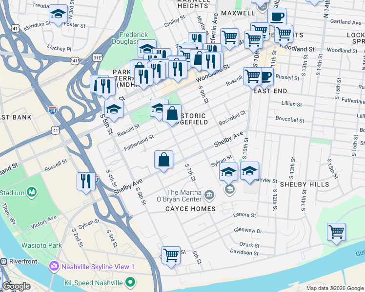 map of restaurants, bars, coffee shops, grocery stores, and more near in Nashville
