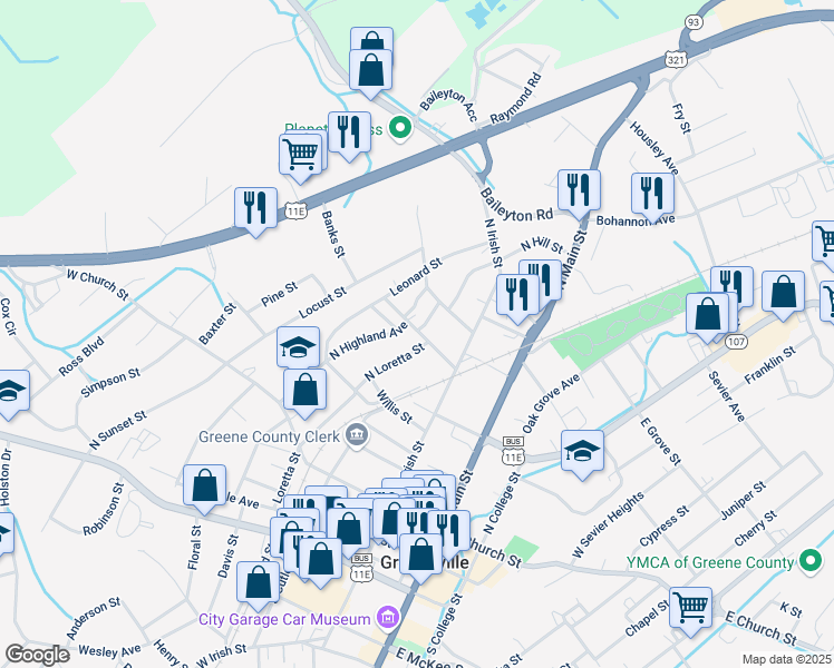 map of restaurants, bars, coffee shops, grocery stores, and more near 219 North Nelson Street in Greeneville