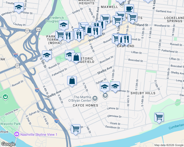 map of restaurants, bars, coffee shops, grocery stores, and more near 814 Boscobel Street in Nashville
