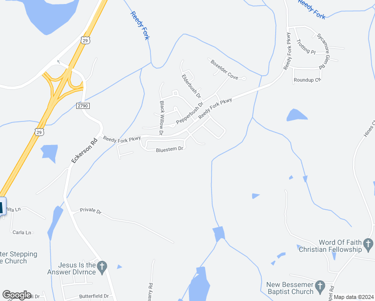 map of restaurants, bars, coffee shops, grocery stores, and more near 3942 Bluestem Drive in Greensboro