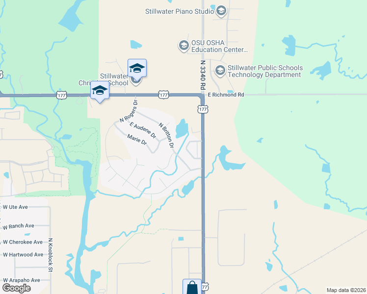 map of restaurants, bars, coffee shops, grocery stores, and more near 504 Greenbriar Court in Stillwater