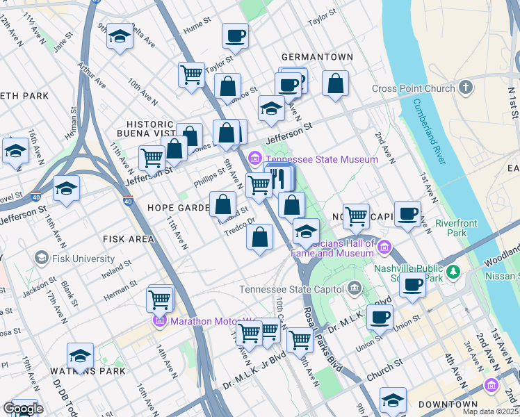 map of restaurants, bars, coffee shops, grocery stores, and more near 915 Rosa L Parks Boulevard in Nashville