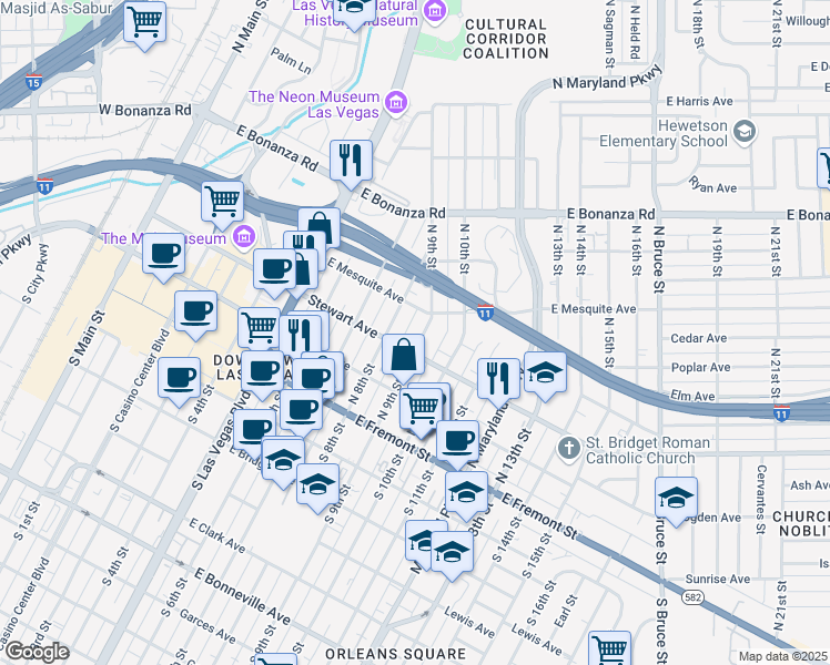 map of restaurants, bars, coffee shops, grocery stores, and more near 315 North 9th Street in Las Vegas