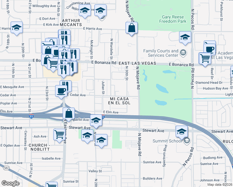 map of restaurants, bars, coffee shops, grocery stores, and more near 516 North Wardelle Street in Las Vegas