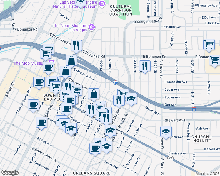 map of restaurants, bars, coffee shops, grocery stores, and more near 336 East Mesquite Avenue in Las Vegas