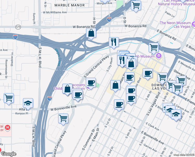 map of restaurants, bars, coffee shops, grocery stores, and more near 203 South Grand Central Parkway in Las Vegas