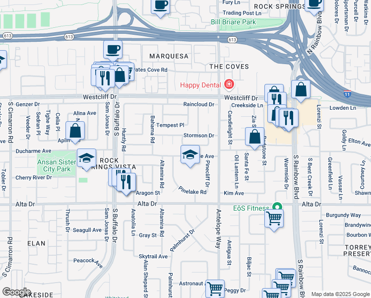 map of restaurants, bars, coffee shops, grocery stores, and more near 7121 Stormson Drive in Las Vegas
