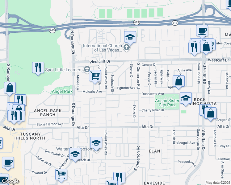 map of restaurants, bars, coffee shops, grocery stores, and more near 224 Bruin Way in Las Vegas