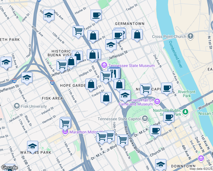 map of restaurants, bars, coffee shops, grocery stores, and more near 915 Rosa L Parks Boulevard in Nashville