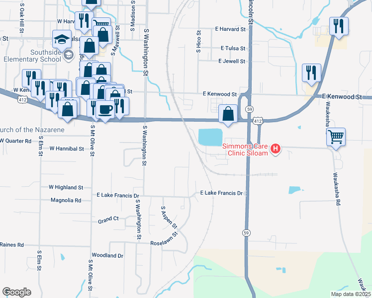 map of restaurants, bars, coffee shops, grocery stores, and more near 1300 North Highway 59 in Siloam Springs