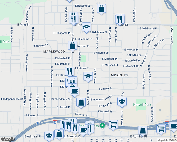 map of restaurants, bars, coffee shops, grocery stores, and more near 6701 East Latimer Place in Tulsa