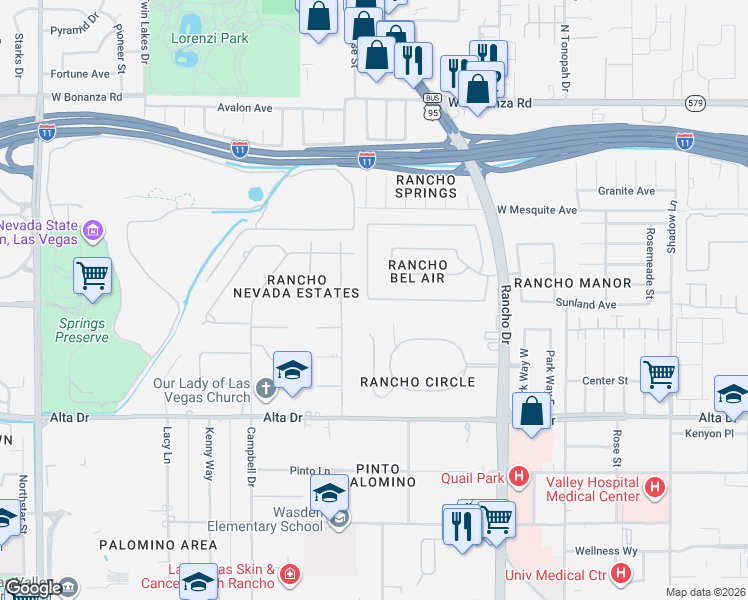 map of restaurants, bars, coffee shops, grocery stores, and more near Driftwood Drive in Las Vegas