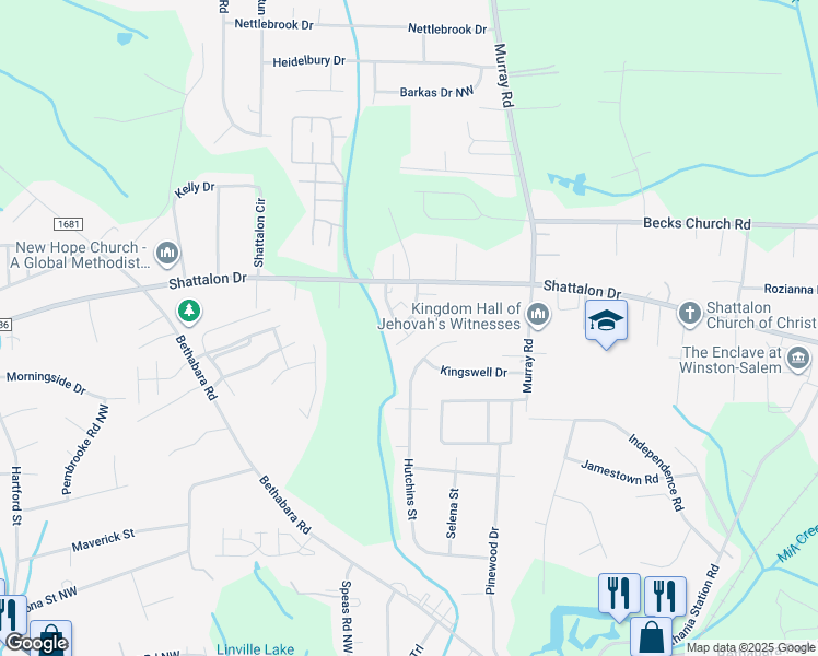 map of restaurants, bars, coffee shops, grocery stores, and more near 260 Vista Circle in Winston-Salem