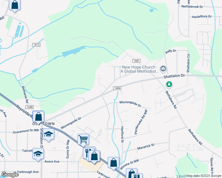 map of restaurants, bars, coffee shops, grocery stores, and more near 5013 Shattalon Drive in Winston-Salem