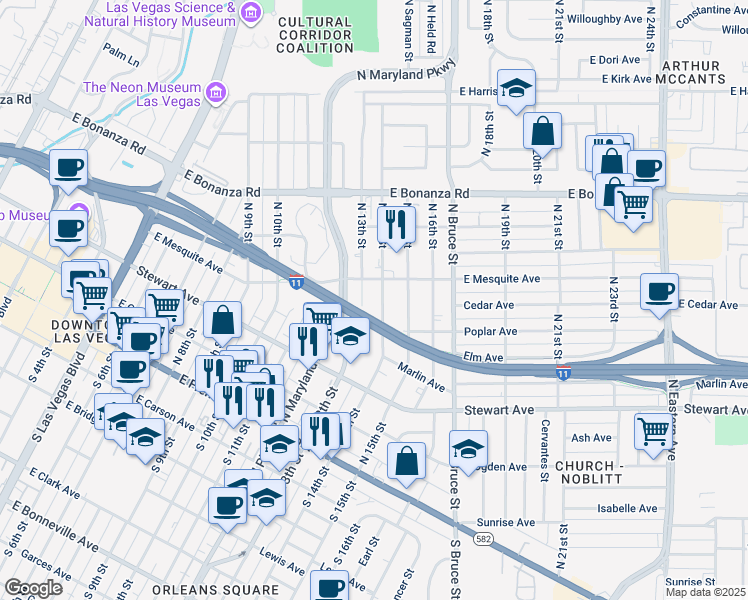 map of restaurants, bars, coffee shops, grocery stores, and more near 383 North 14th Street in Las Vegas