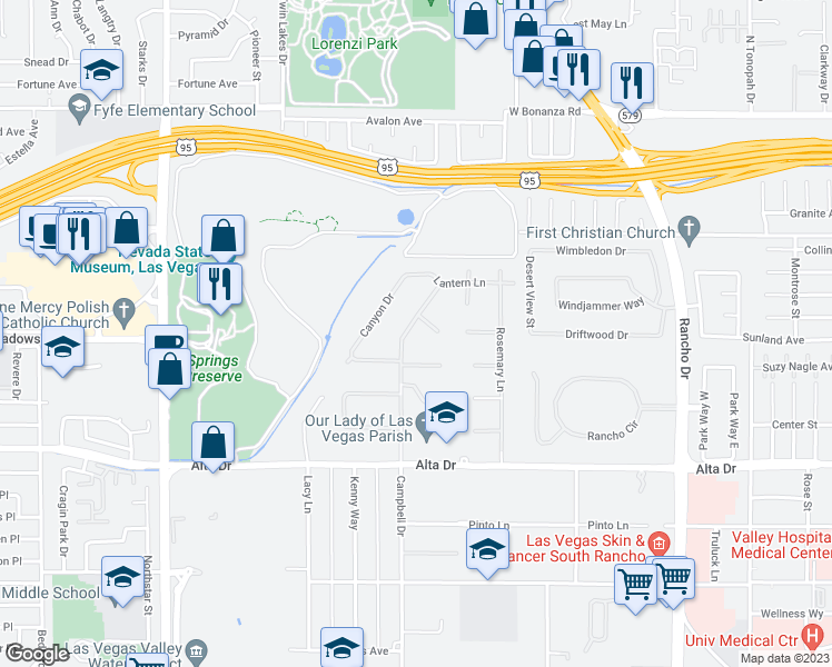 map of restaurants, bars, coffee shops, grocery stores, and more near 217 Campbell Drive in Las Vegas