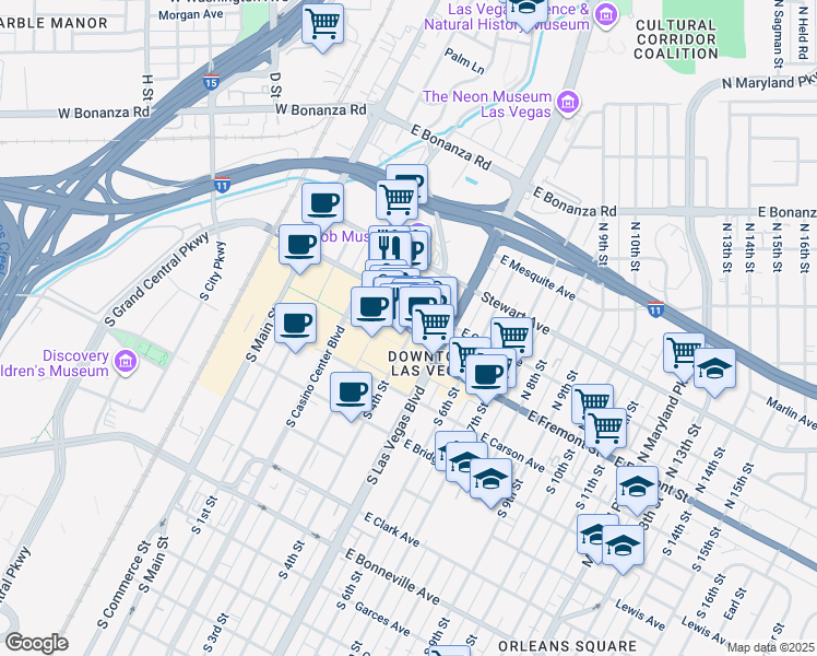 map of restaurants, bars, coffee shops, grocery stores, and more near 333e East Ogden Avenue in Las Vegas