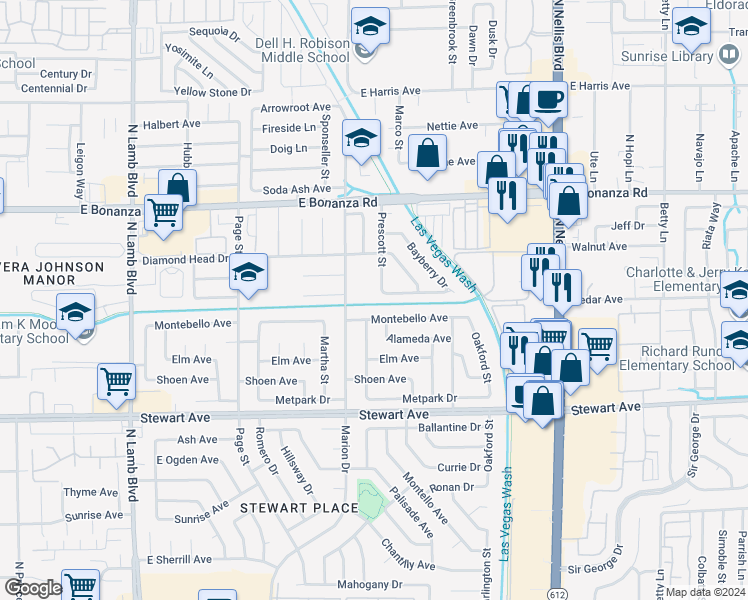 map of restaurants, bars, coffee shops, grocery stores, and more near 500 Prescott Street in Las Vegas