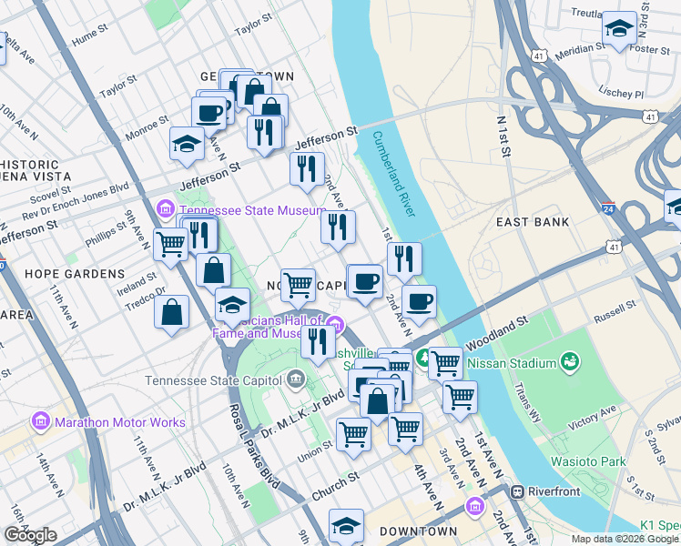 map of restaurants, bars, coffee shops, grocery stores, and more near 303 Criddle Street in Nashville