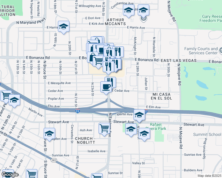 map of restaurants, bars, coffee shops, grocery stores, and more near 2500 North Eastern Avenue in Las Vegas