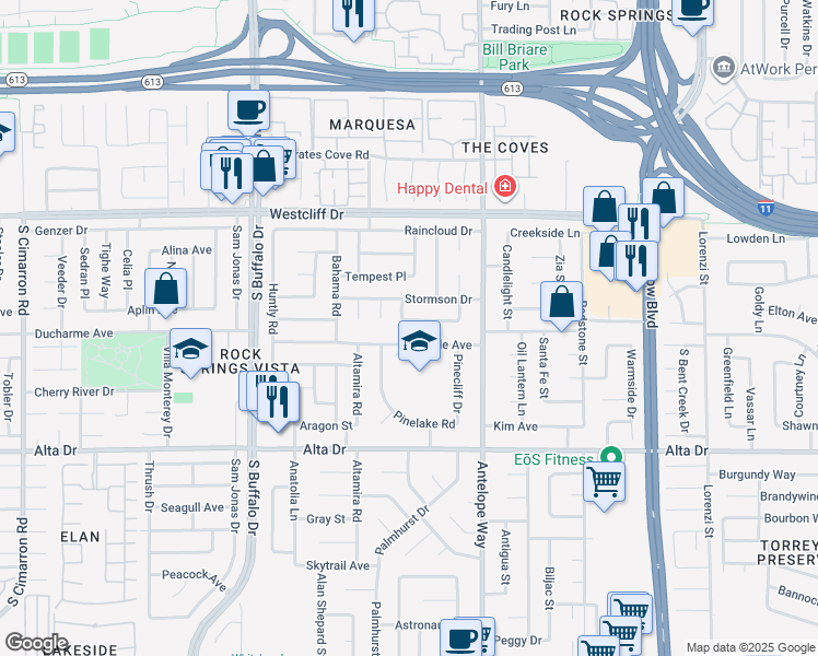 map of restaurants, bars, coffee shops, grocery stores, and more near 7121 Hurricane Way in Las Vegas