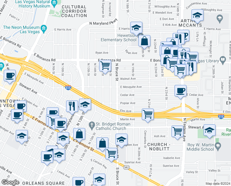 map of restaurants, bars, coffee shops, grocery stores, and more near 385 North Bruce Street in Las Vegas