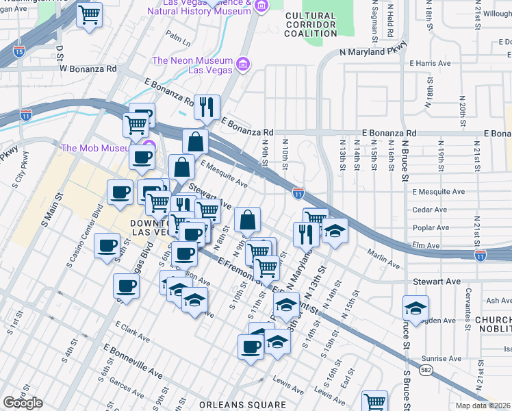 map of restaurants, bars, coffee shops, grocery stores, and more near 315 North 9th Street in Las Vegas