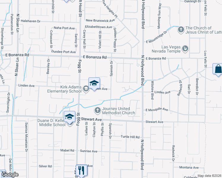 map of restaurants, bars, coffee shops, grocery stores, and more near Linden Avenue in Sunrise Manor