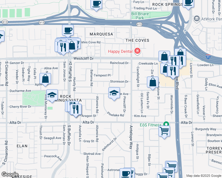 map of restaurants, bars, coffee shops, grocery stores, and more near 7121 Hurricane Way in Las Vegas
