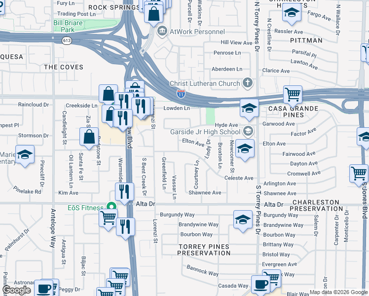 map of restaurants, bars, coffee shops, grocery stores, and more near 6628 Celeste Avenue in Las Vegas
