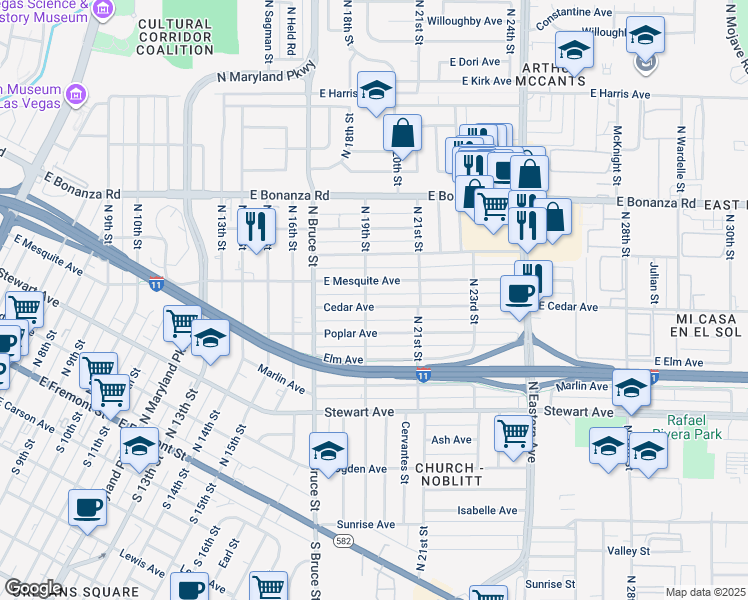 map of restaurants, bars, coffee shops, grocery stores, and more near 1916 East Mesquite Avenue in Las Vegas