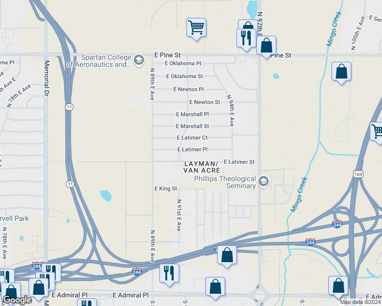 map of restaurants, bars, coffee shops, grocery stores, and more near 9124 East Latimer Place in Tulsa