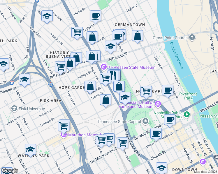 map of restaurants, bars, coffee shops, grocery stores, and more near 909 Rosa L Parks Boulevard in Nashville