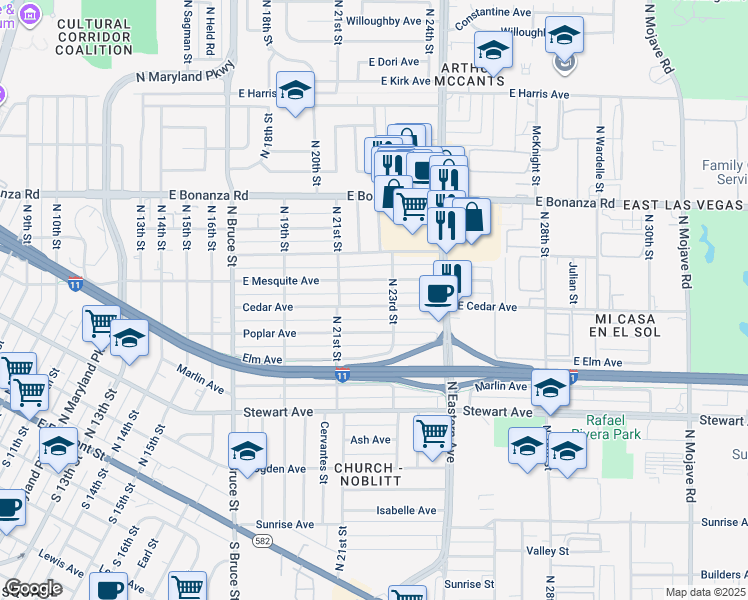 map of restaurants, bars, coffee shops, grocery stores, and more near 2301 East Mesquite Avenue in Las Vegas