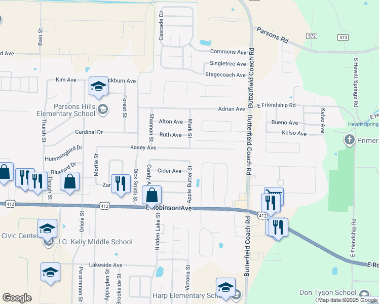 map of restaurants, bars, coffee shops, grocery stores, and more near 2863 Kasey Avenue in Springdale