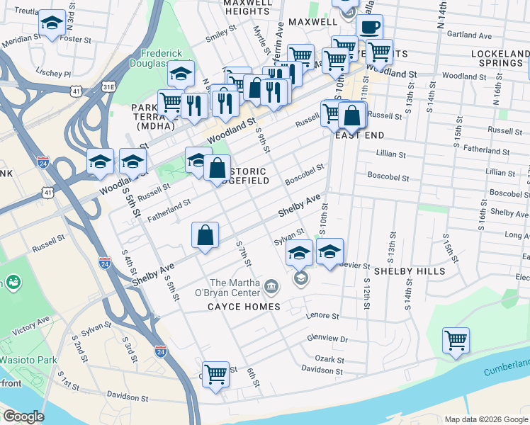 map of restaurants, bars, coffee shops, grocery stores, and more near 814 Boscobel Street in Nashville