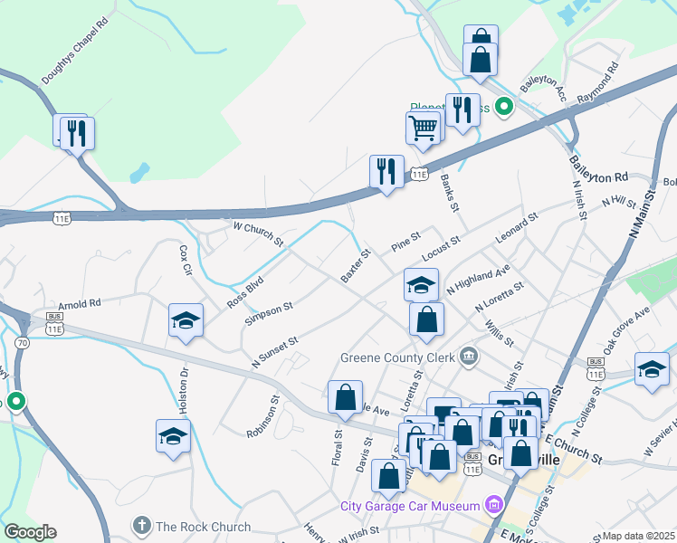 map of restaurants, bars, coffee shops, grocery stores, and more near 712 West Church Street in Greeneville