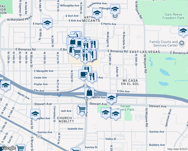 map of restaurants, bars, coffee shops, grocery stores, and more near 2608 East Mesquite Avenue in Las Vegas