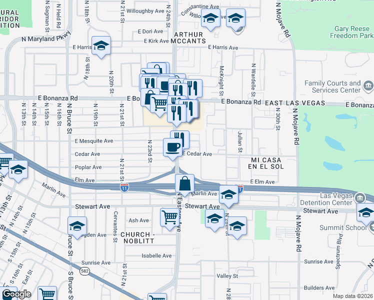 map of restaurants, bars, coffee shops, grocery stores, and more near 2608 East Mesquite Avenue in Las Vegas
