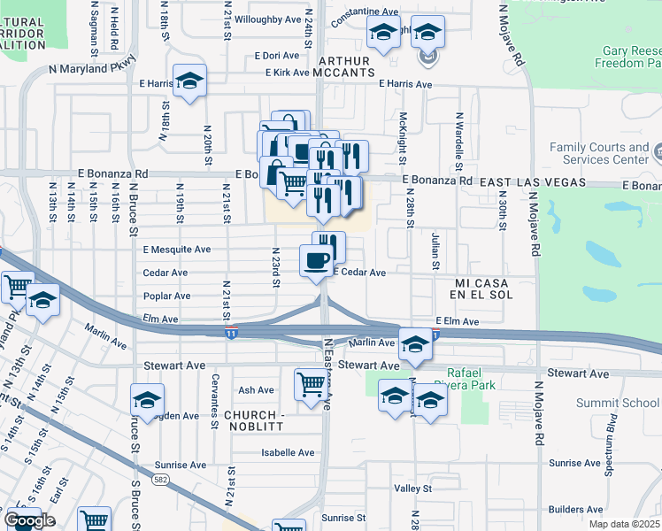 map of restaurants, bars, coffee shops, grocery stores, and more near 2500 North Eastern Avenue in Las Vegas