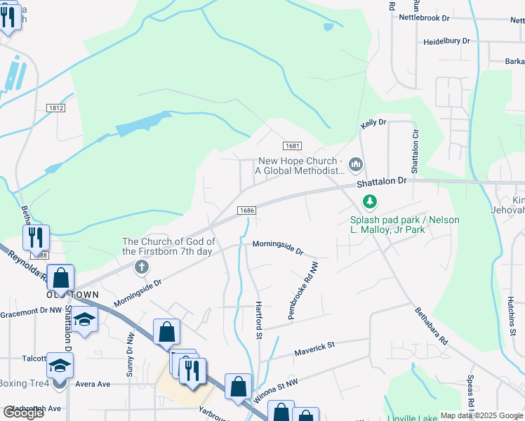 map of restaurants, bars, coffee shops, grocery stores, and more near 5043 Shattalon Drive in Winston-Salem