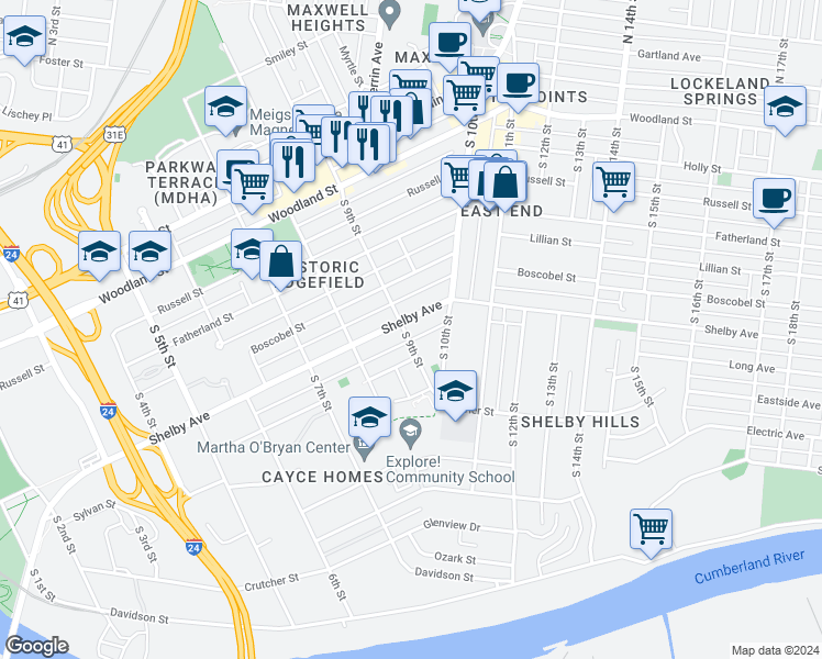 map of restaurants, bars, coffee shops, grocery stores, and more near 911 Shelby Avenue in Nashville