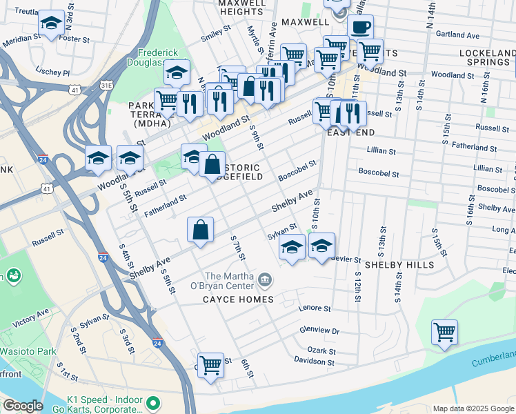 map of restaurants, bars, coffee shops, grocery stores, and more near 814 Boscobel Street in Nashville