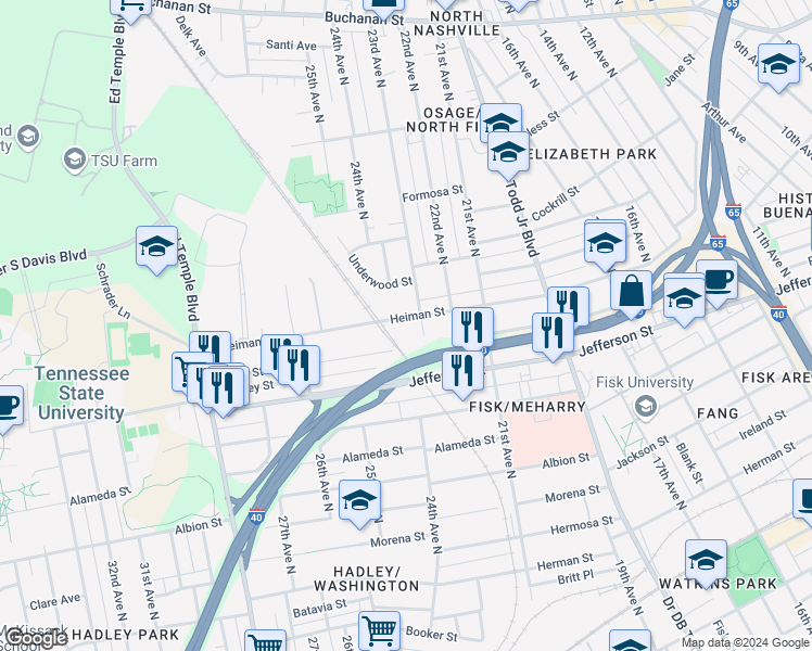 map of restaurants, bars, coffee shops, grocery stores, and more near 1404A 23rd Avenue North in Nashville